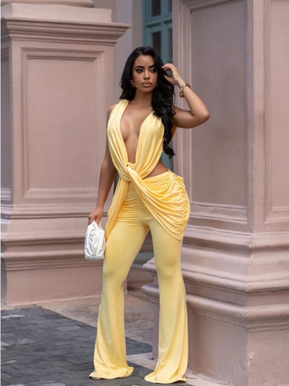 Women's Yellow Draped Jumpsuit